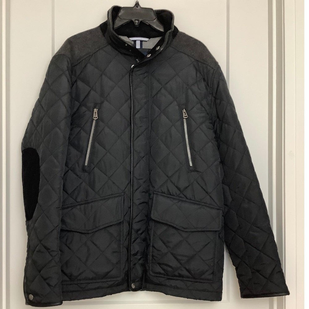 Cole Haan Quilted Barn Jacket Herringbone Yoke Black M Coat 537AP591 Elbow Patch